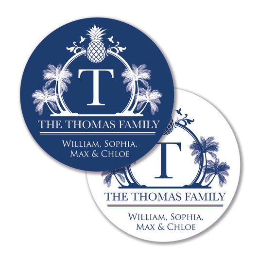 Personalised Gift Stickers - Tropical Crest - Blue & White